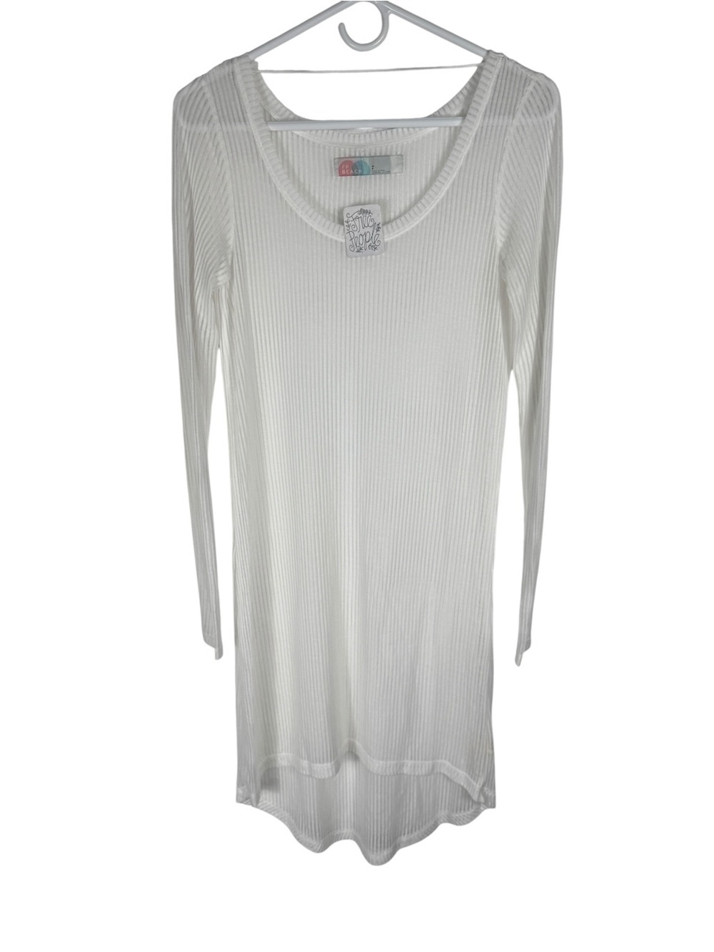 NWT FP Beach White Ribbed Long Sleeve Swim Cover Up Dress, Size Small
